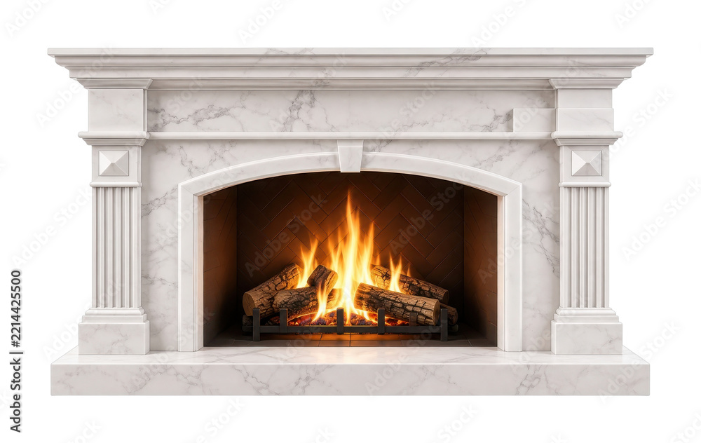 Fototapeta premium PNG Elegant white marble fireplace with warm burning fire