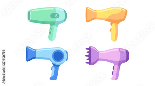 Set of colorful hair dryers including a diffuser nozzle