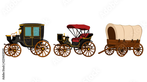 Vintage horse-drawn carriages and covered wagon