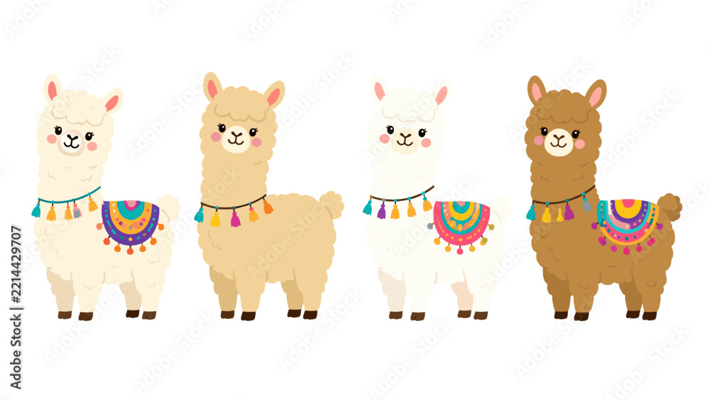 Fototapeta premium Fluffy llamas with colorful blankets and tassel necklaces