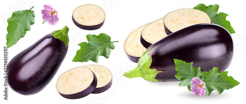 fresh eggplant with slices and green leaves isolated on white background. clipping path