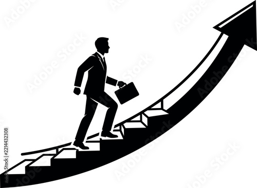 Businessman with Briefcase Walking Up Stairs Shaped as Upward Growth Arrow Vector Silhouette for Career Advancement Financial Success and Corporate Motivation