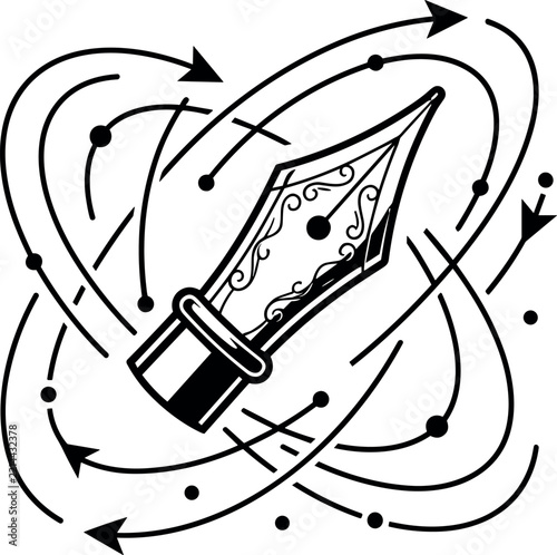 Fountain Pen Nib Vector Illustration Surrounded by Dynamic Orbiting Arrows and Motion Lines for Creative Writing Copywriting and Digital Content Design