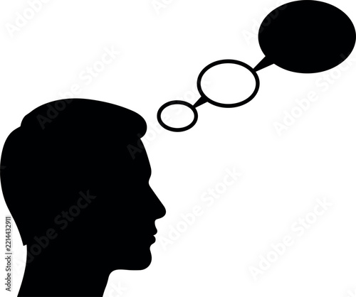 Male Human Head Silhouette Thinking with Black Speech Oval Bubble Icon Vector Graphic for Concepts of Communication, Negative Thoughts, and Dialogue