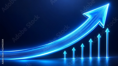 Dynamic glowing blue arrows soaring upward symbolizing financial progress corporate revenue increase and investment growth