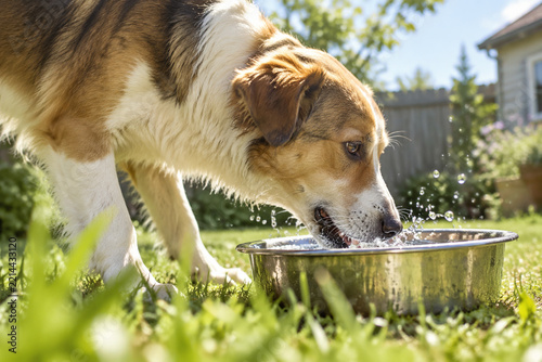 Dog drinking water from metal bowl in backyard, pet hydration and thirst