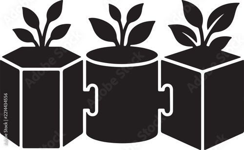 Three interconnected geometric planters with green plants