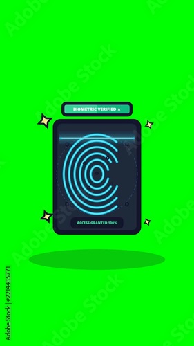 4K biometric fingerprint security scanner with laser scan beam, data points, and access granted status on chroma green screen background loop.