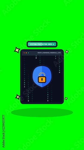 4K cyber terminal window with cascading matrix code rain streams and central antivirus defense shield on green screen background loop.