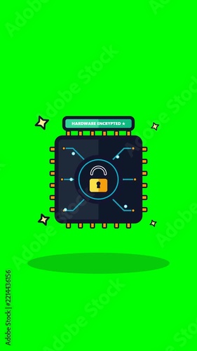 4K hardware security microchip with circuit traces, central padlock vault, and encrypted chip status on chroma green screen background loop.