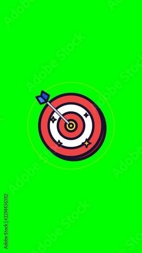 4K business target icon struck by arrow with radiating shockwave rings and sparkling stars on chroma green screen background loop.