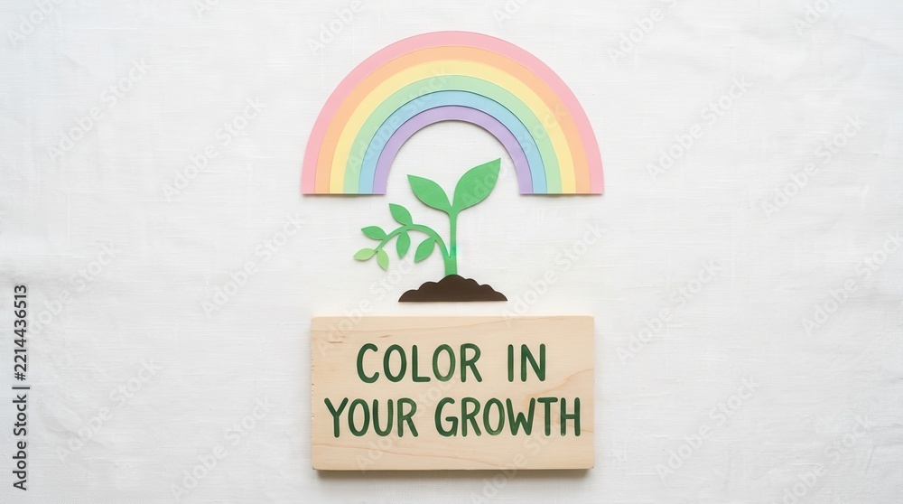 Fototapeta premium Plant growing under pastel rainbow with inspirational quote