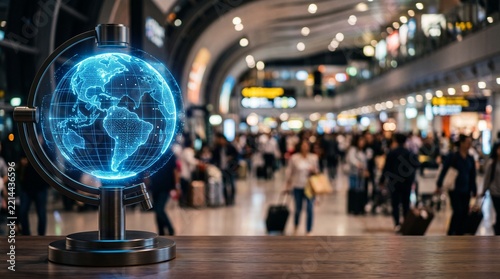 Futuristic floating holographic globe with blurred airport terminal background and copy space
