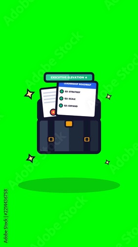 4K executive leather briefcase opening with career growth strategy roadmap, contract seal, and promotion badge on green screen loop.