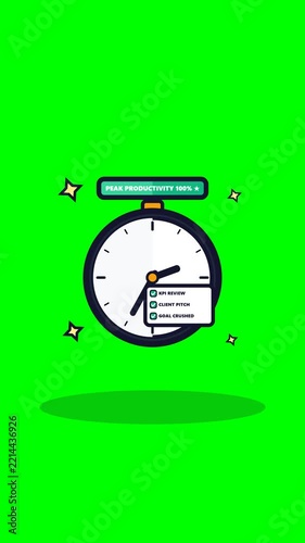 4K corporate productivity clock with advancing hands, task checklist completion, and peak efficiency badge on green screen background loop.