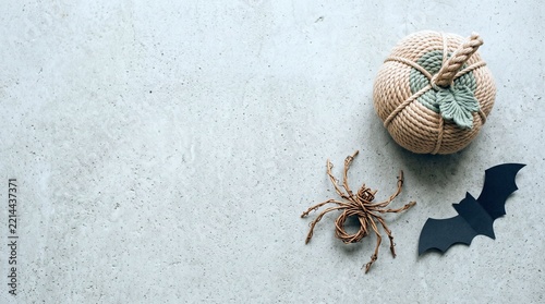 Grapevine spider sits near woven pumpkin ornament on textured tabletop during artistic autumn vignette presentation. Paper bat figure completes cozy handmade Halloween arrangement nicely.