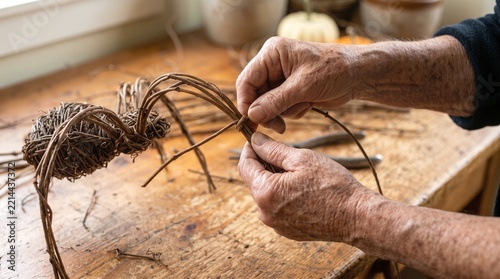 Hands weave dried twigs over wooden table indoors. Senior artisan shapes woven spider sculpture showing natural skin texture, intricate finger movement, authentic craft technique and focus.