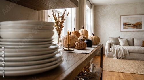 Dining room prepared for a Halloween dinner with plates, pumpkins and autumn decorations ready for guests. Cozy seasonal styling creates a warm atmosphere for a festive gathering.