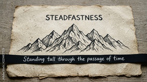 Steadfastness depicted by mountains on aged paper