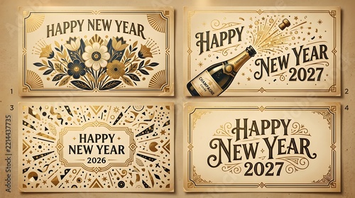 Four vintage new year cards featuring champagne bottles and festive celebratory designs on a wooden wall