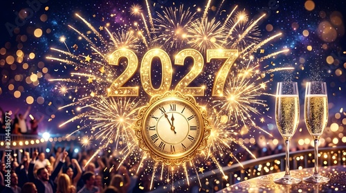 Celebratory new year 2027 with fireworks champagne and a crowd in a cityscape at night