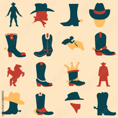 Cowboy and wild west flat icon set