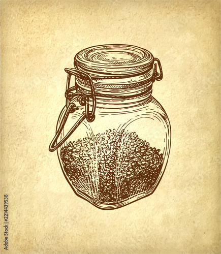 Glass jar filled with ground fenugreek spice, hand-drawn in detailed pen and ink on parchment background. Food illustration for culinary, herbal and packaging design.