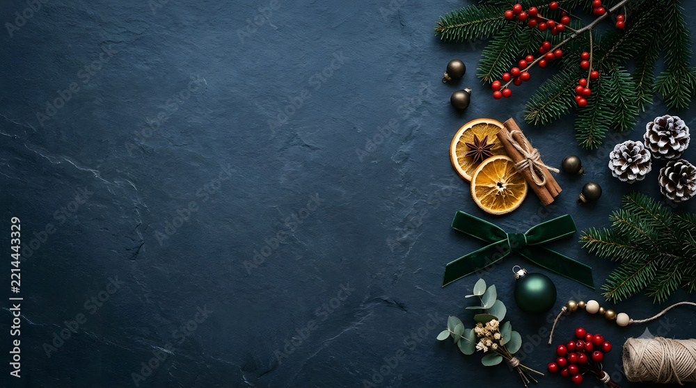 Fototapeta premium A flat lay christmas ornament arrangement with pine branches, cinnamon sticks, dried orange slices, pinecones, and red berries on a dark textured background, underscoring the green ribbon
