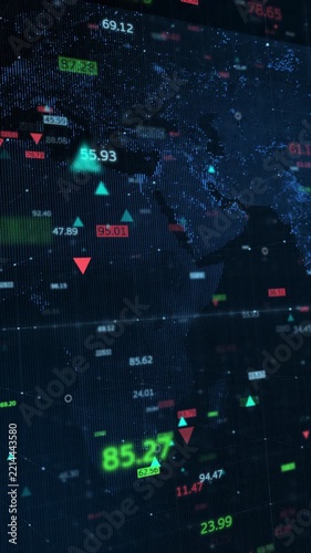 Digital world map with moving financial stock numbers, highlighting Strait of Hormuz global trade crisis and energy market.
