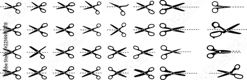 Black scissor cut line dash paper stationery tool icon design set
