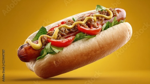 Delicious hot dog with fresh toppings on vibrant yellow background