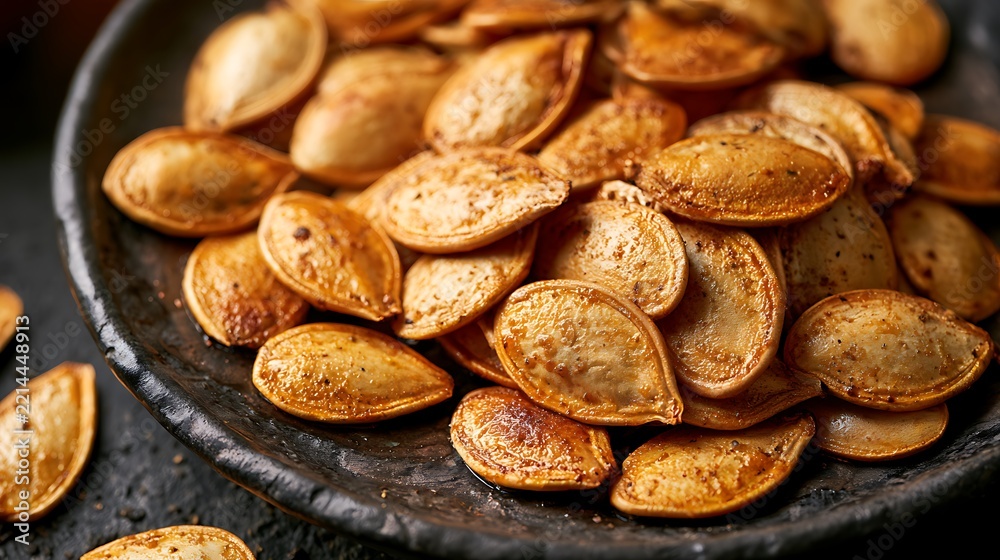 Obraz premium Roasted Pumpkin Seeds Seasoned on a Dark Plate.