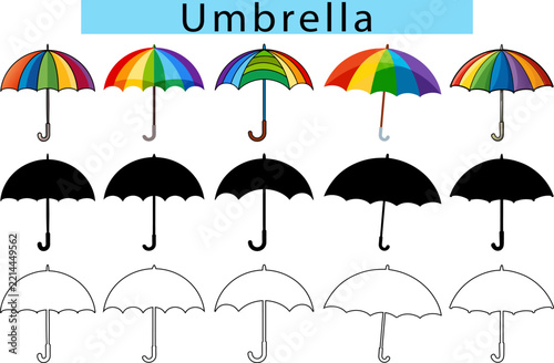 Rainbow umbrella vector art set with silhouette, outline, and color styles