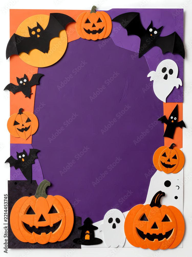 Fototapeta premium Colorful paper art shows Halloween frame with bats ghosts and pumpkins. Background is purple creating a spooky vibe for Halloween Generative AI