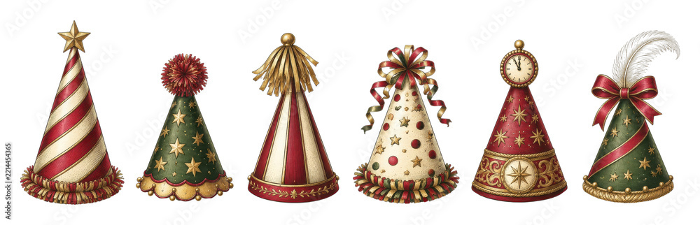 Fototapeta premium PNG Vintage Christmas party hats collection with festive holiday decorations