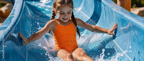 Happy little girl with braided hair wearing an orange swimsuit sliding down a blue water slide at a summer water park