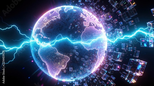 Holographic earth globe fragments into glowing data pieces, digital cubes. Electric blue lightning strikes across planet sphere. High tech network concept showing global cyber crisis, data breach,