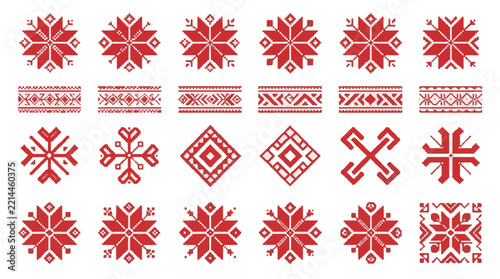 Red Pixel Art Ethnic Ornamental Patterns for Seamless Design