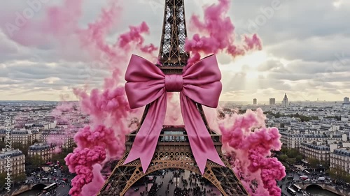 Giant pink bow adorns the Eiffel Tower as pink smoke swirls above Paris