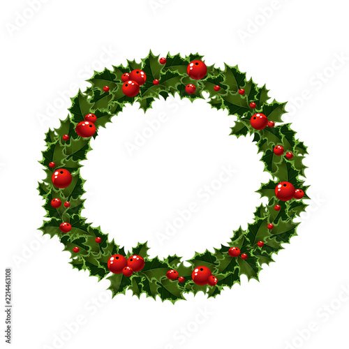 Big circle Christmas wreath frame with red berries on white background