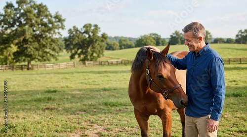 Smiling man petting a brown horse in a green pasture on a sunny day. Rancher caressing his equine companion near a wooden fence in a rural field. Human animal bonding and equestrian lifestyle concept