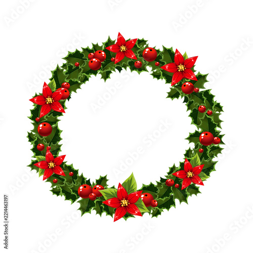Big circle Christmas wreath frame with red berries and flowers on white background