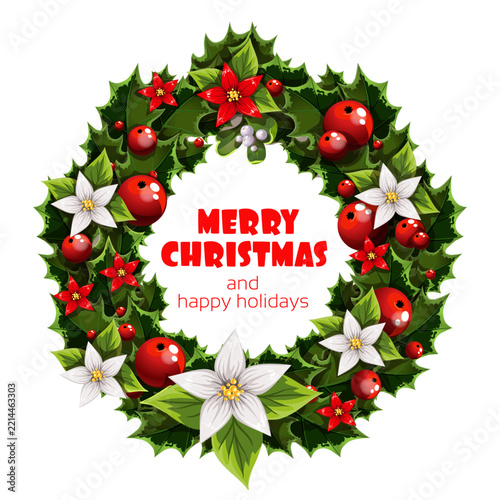 Green and red Christmas wreath on white background