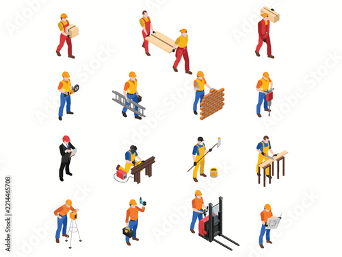 Isometric construction workers vector set, building site laborers with tools, engineering team performing tasks, flat illustration