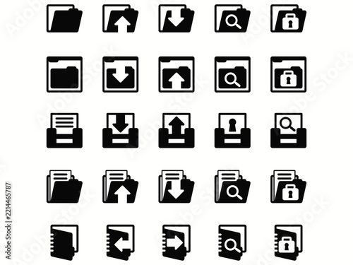 Black and white folder icon set, vector interface symbols for file management, digital storage and business app design, modern minimal flat style