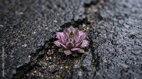 A purple succulent plant growing resiliently in a crack of wet asphalt after rain, symbolizing hope, nature's persistence, and finding life in harsh urban environments.