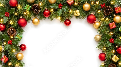 Christmas garland frame with red and gold baubles, pine cones, and gift boxes isolated on white background