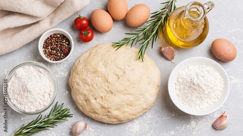 Homemade bread or pizza dough surrounded by flour, eggs, olive oil, rosemary, garlic and tomatoes on a kitchen surface, photographed from above
