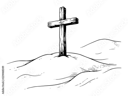 Wooden cross on snowy hill under winter sky in vintage engraving style