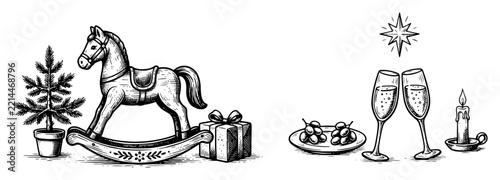 Holiday celebration icons with rocking horse and champagne glasses in linocut style